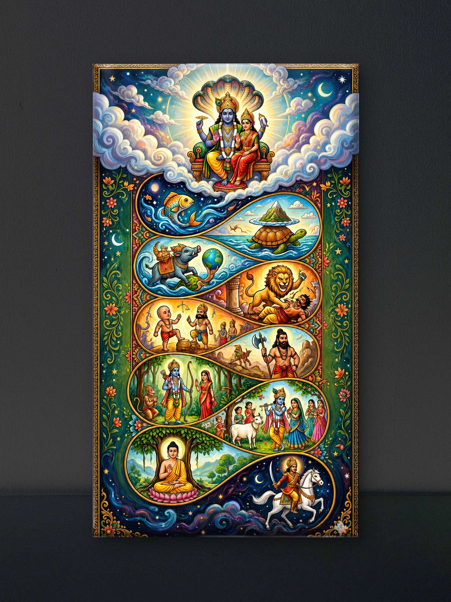 Dashavatara: The Ten Cosmic Incarnations of Lord Vishnu-Luxurious-Gods and Divine Art 3D Textured Wall Art | UV Printed Embossed Canvas Wall Frame for Home Decor,living Room
