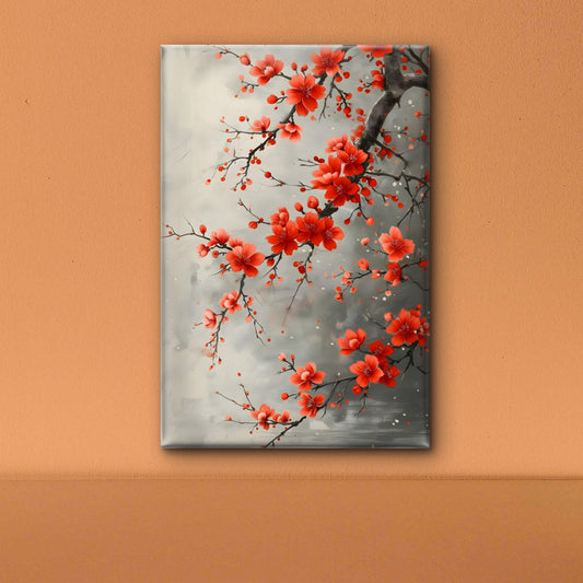 The Crimson Plum Branch-Premium-Floral & Botanical-3D Textured Wall Art | UV Embossed Canvas Wall Frame for Living room and bed room