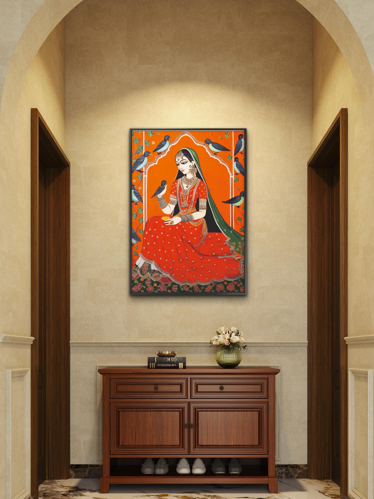 traditional-indian-miniature-of-a-seated-woman-Luxurious-Indian Culture &  Folk Art 3D Textured Wall Art | UV Printed Embossed Canvas Wall Frame for Home Decor,living Room