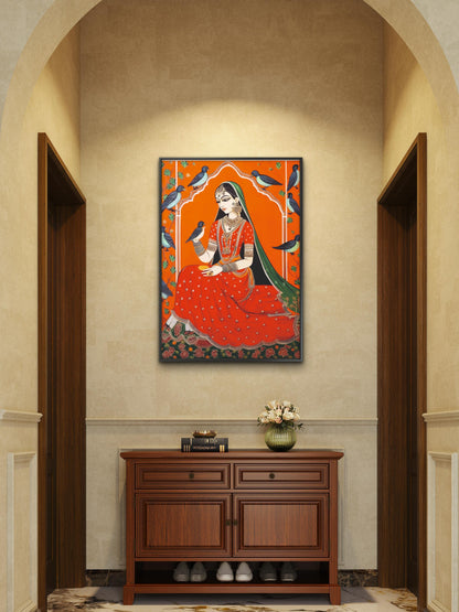 traditional-indian-miniature-of-a-seated-woman-Luxurious-Indian Culture &  Folk Art 3D Textured Wall Art | UV Printed Embossed Canvas Wall Frame for Home Decor,living Room