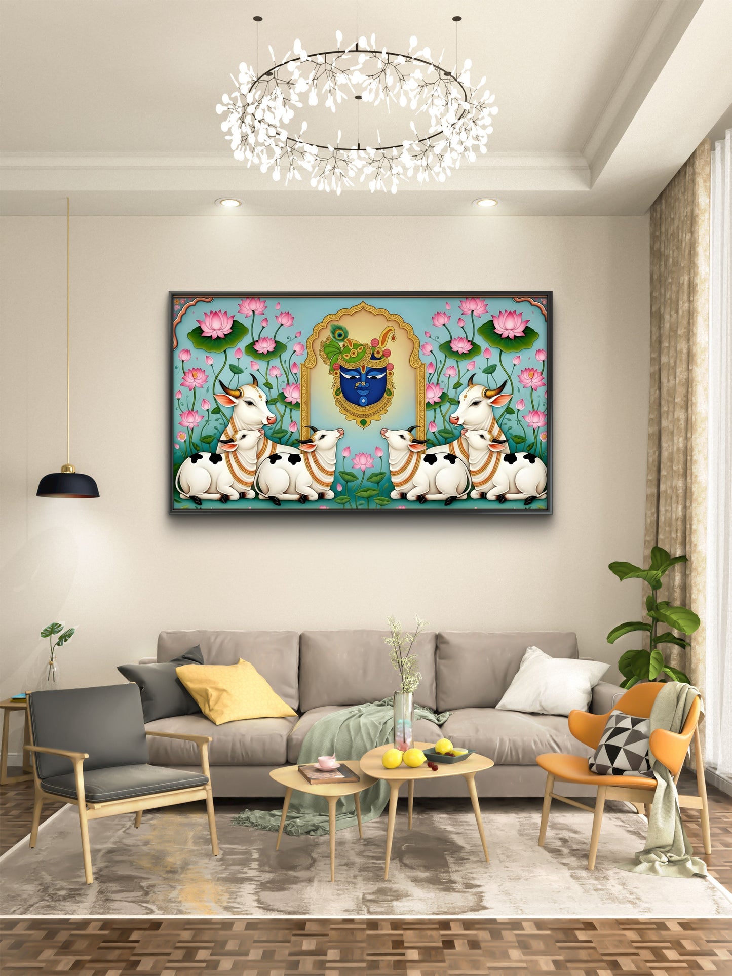 Shri Nathji’s Lotus Sanctuary-Luxurious-Spiritual & Mindful 3D Textured Wall Art | UV Printed Embossed Canvas Wall Frame for Prayer room ,Meditation Space