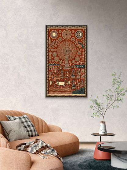 Sacred Roots: The Cosmic Tree of Life-Luxurious-Indian Culture &  Folk Art 3D Textured Wall Art | UV Printed Embossed Canvas Wall Frame for Home Decor,living Room