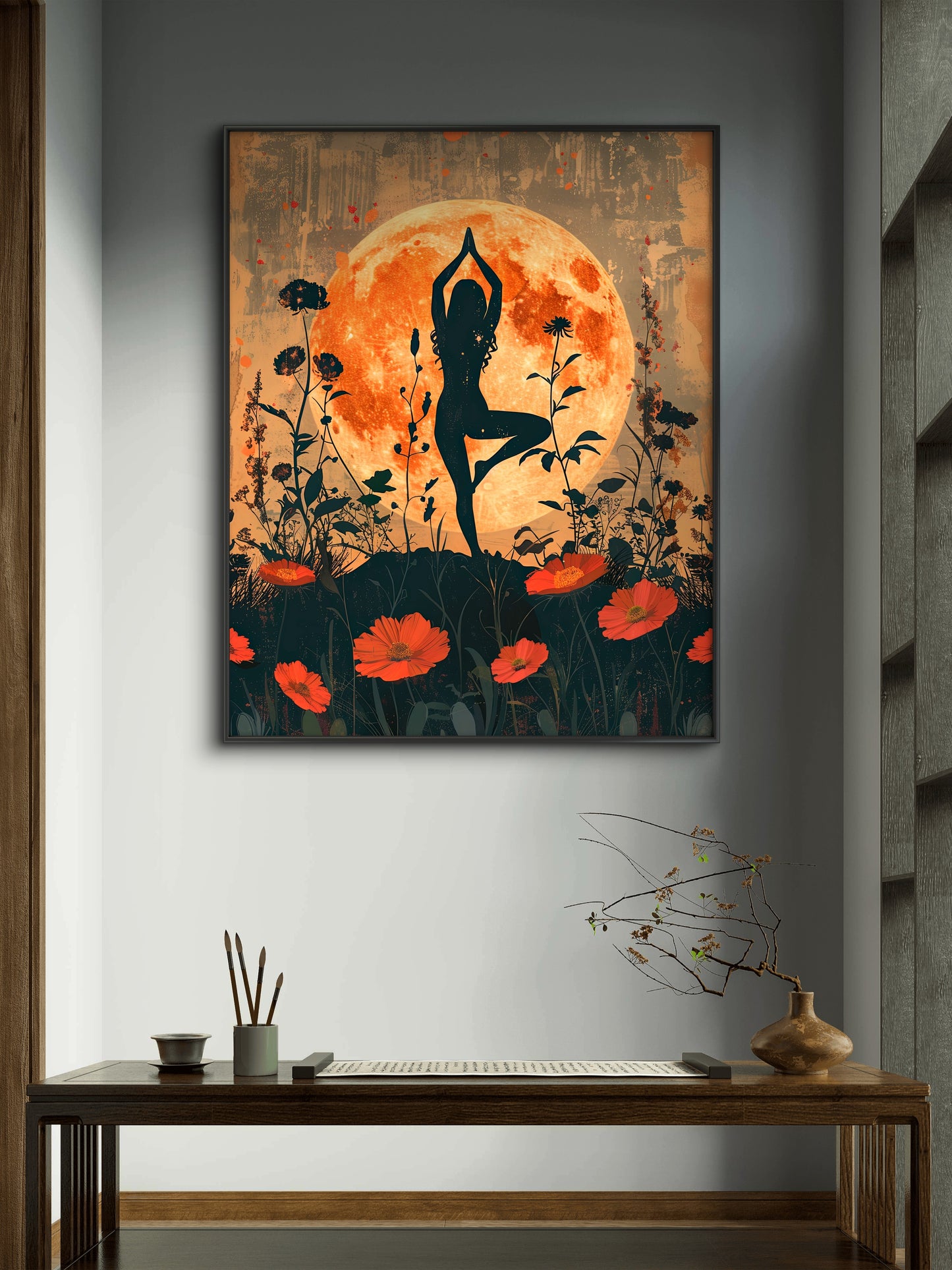 yoga silhouette against a large orange moon surrounded by stylized floral elements-Luxurious-Serenity & Wellness-3D Textured Wall Art | UV Embossed Canvas Wall Frame for Meditation Space