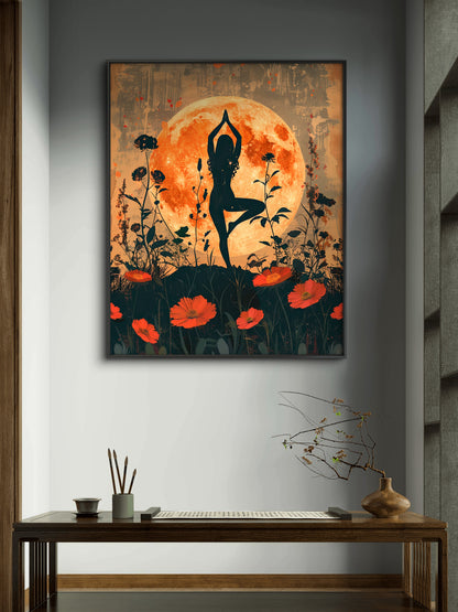 yoga silhouette against a large orange moon surrounded by stylized floral elements-Luxurious-Serenity & Wellness-3D Textured Wall Art | UV Embossed Canvas Wall Frame for Meditation Space