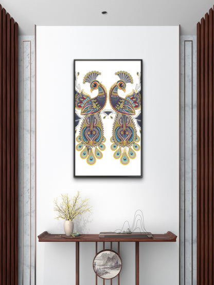 symmetrical-twin-peacocks-Luxurious-Indian Culture &  Folk Art 3D Textured Wall Art | UV Printed Embossed Canvas Wall Frame for Home Decor,living Room
