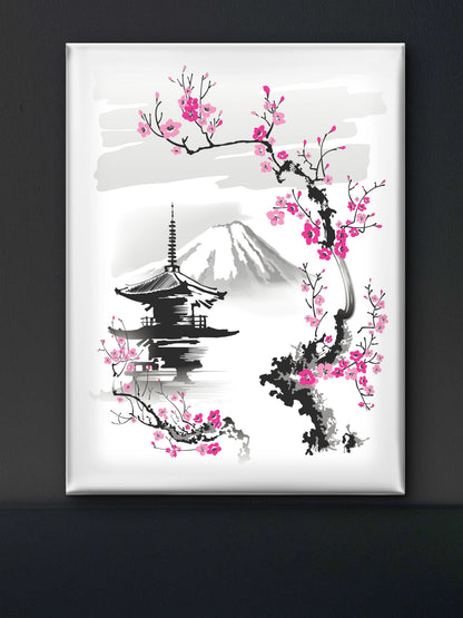 pagoda-sakura-branch-on-background-mountain--Luxurious-Nature and landscape | 3D Textured Wall Art | UV Printed Embossed Canvas Wall Frame for Home Decor,Living Room