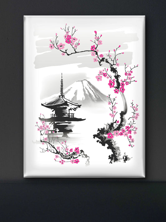 pagoda-sakura-branch-on-background-mountain--Luxurious-Nature and landscape | 3D Textured Wall Art | UV Printed Embossed Canvas Wall Frame for Home Decor,Living Room