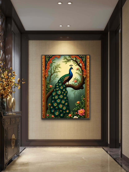 The Royal Jharokha Peacock-Luxurious | 3D Textured Wall Art | UV Printed Embossed Canvas Wall Frame for living room,home decor