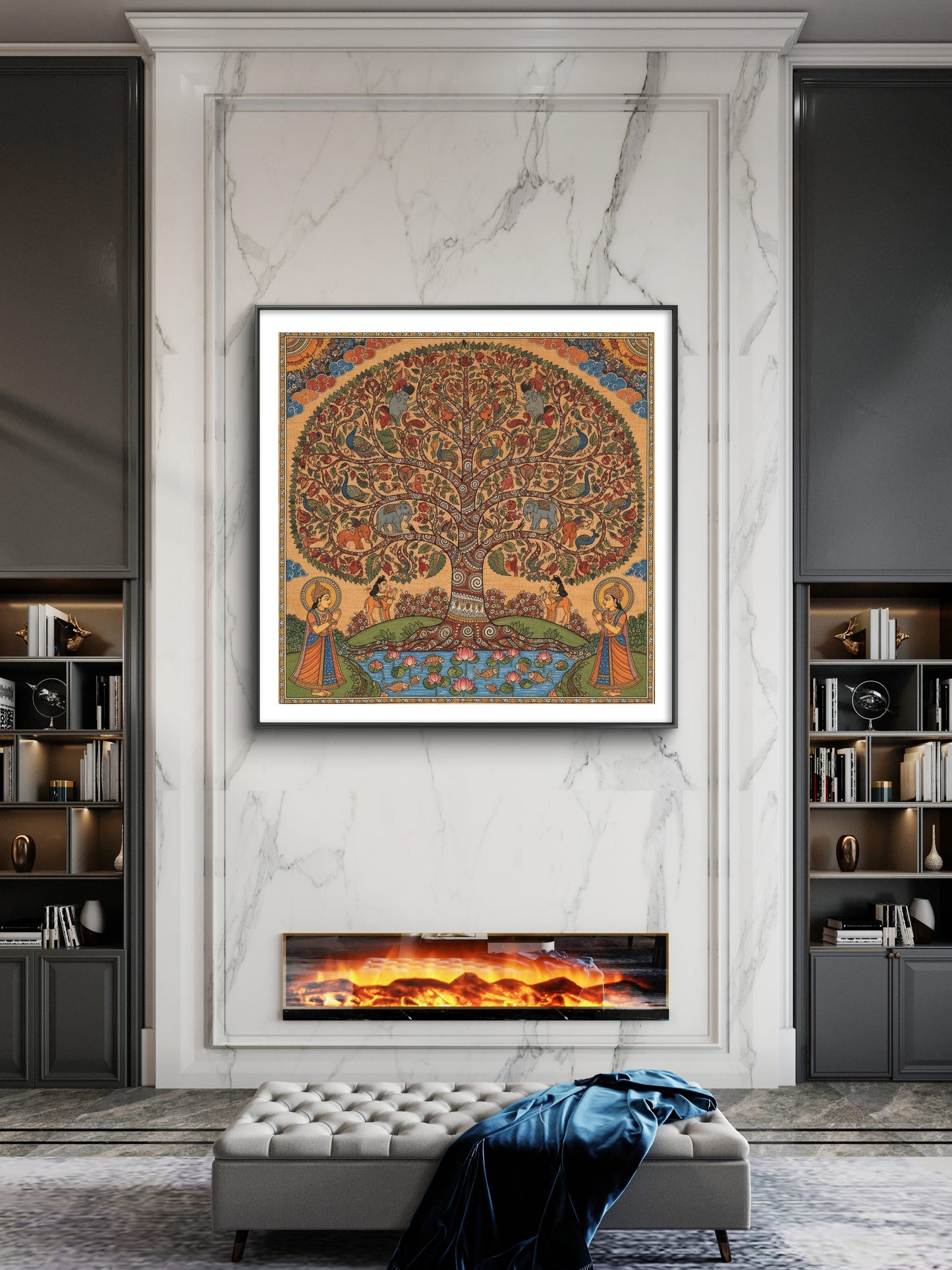 Traditional art like pichwai and kalamkari inspired tree of life-Luxurious-Indian Culture &  Folk Art 3D Textured Wall Art | UV Printed Embossed Canvas Wall Frame for Home Decor,living Room