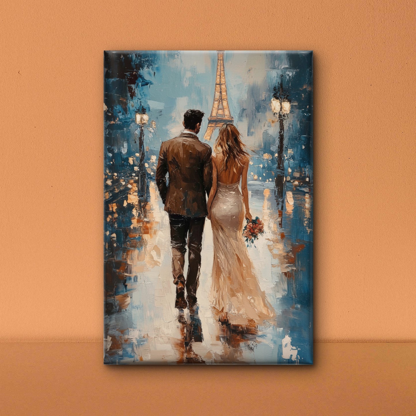 Portrait Abstract Canvas Wall Art Eiffel Tower Paris street Multicolor-Luxurious-Love & Togetherness-3D Textured Wall Art | UV Embossed Canvas Wall Frame for bed room