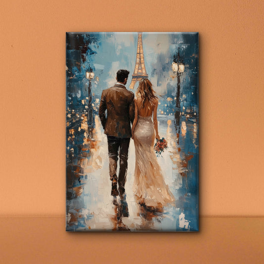 Portrait Abstract Canvas Wall Art Eiffel Tower Paris street Multicolor-Luxurious-Love & Togetherness-3D Textured Wall Art | UV Embossed Canvas Wall Frame for bed room