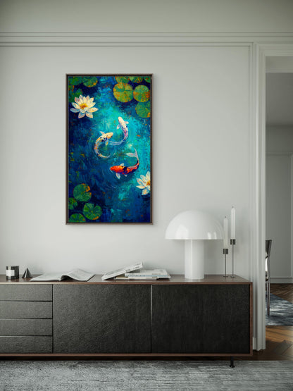 Serenity in Motion: The Koi Pond-Luxurious-Wildlife & Animals 3D Textured Wall Art | UV Printed Embossed Canvas Wall Frame for Home Decor,living Room