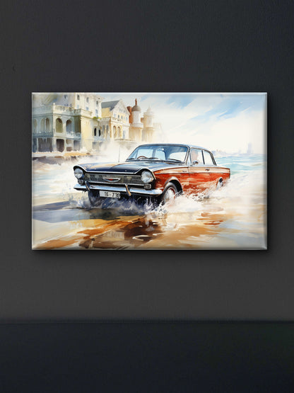Retro car splits waves in Italian town-Luxurious-Nature and landscape | 3D Textured Wall Art | UV Printed Embossed Canvas Wall Frame for Home Decor,Living Room