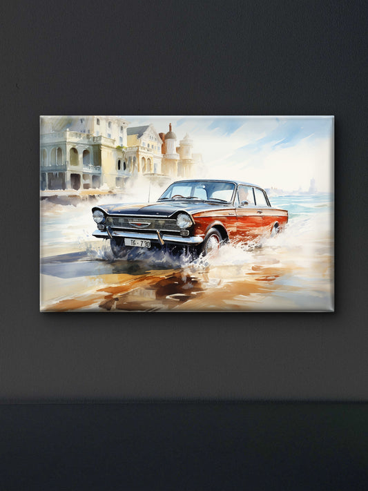 Retro car splits waves in Italian town-Luxurious-Nature and landscape | 3D Textured Wall Art | UV Printed Embossed Canvas Wall Frame for Home Decor,Living Room