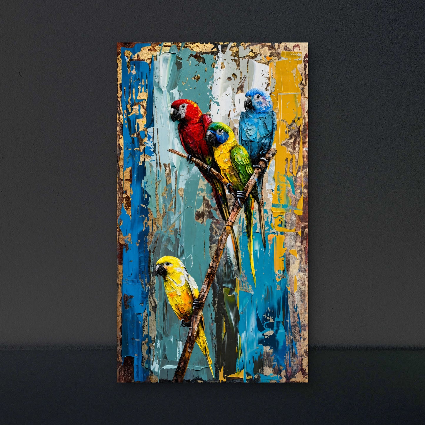 Parrots on a Branch-Luxurious-Wildlife & Animals 3D Textured Wall Art | UV Printed Embossed Canvas Wall Frame for Home Decor,living Room