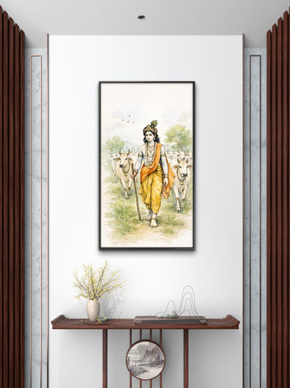 The Hindu deity Lord Krishna herding a group of sacred cows-Luxurious-Spiritul & Mindful-3D Textured Wall Art | UV Embossed Canvas Wall Frame for Home decor