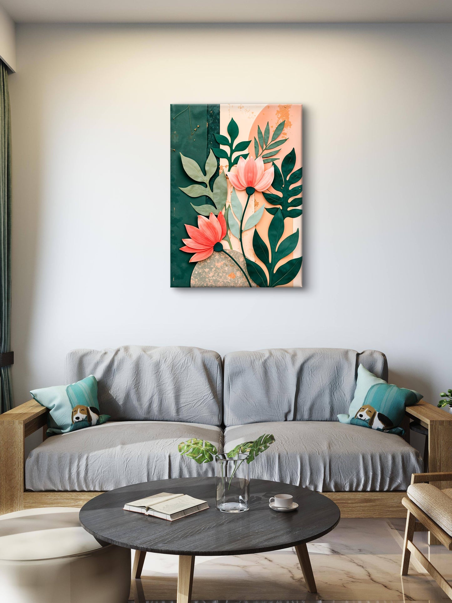 Flower in shades of pink and green leaves on a pastel background-Premium-Floral & Botanical-3D Textured Wall Art | UV Embossed Canvas Wall Frame for home decor and bed room