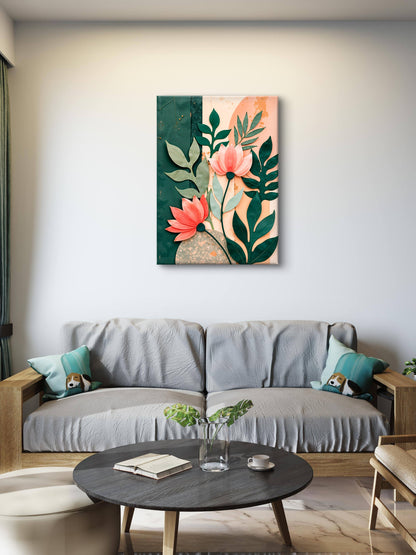 Flower in shades of pink and green leaves on a pastel background-Premium-Floral & Botanical-3D Textured Wall Art | UV Embossed Canvas Wall Frame for home decor and bed room