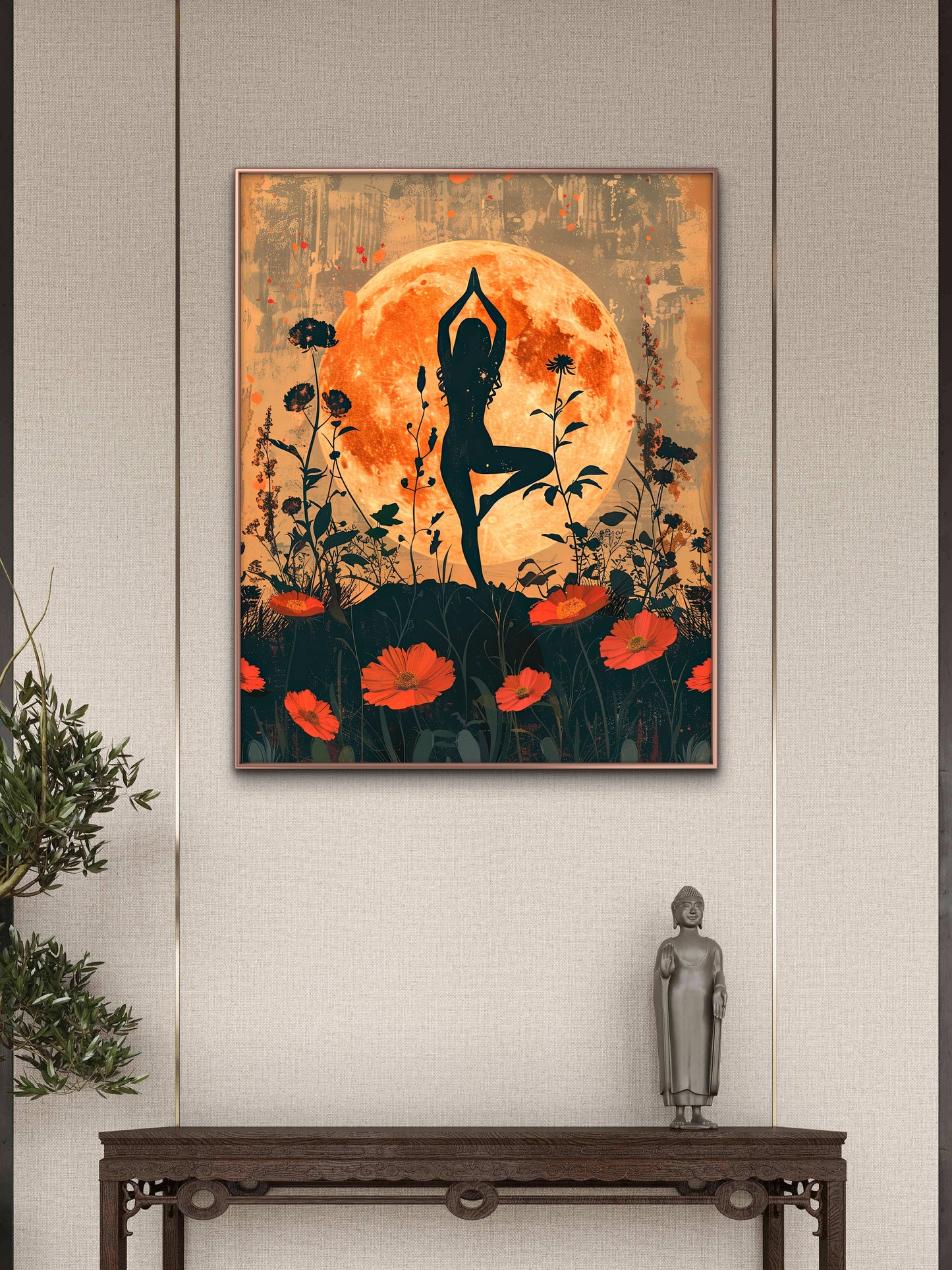 yoga silhouette against a large orange moon surrounded by stylized floral elements-Luxurious-Serenity & Wellness-3D Textured Wall Art | UV Embossed Canvas Wall Frame for Meditation Space