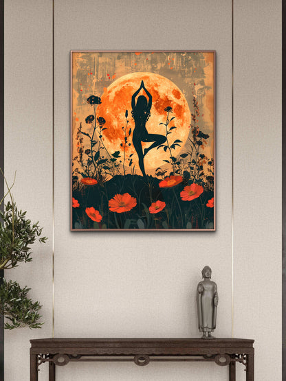 yoga silhouette against a large orange moon surrounded by stylized floral elements-Luxurious-Serenity & Wellness-3D Textured Wall Art | UV Embossed Canvas Wall Frame for Meditation Space