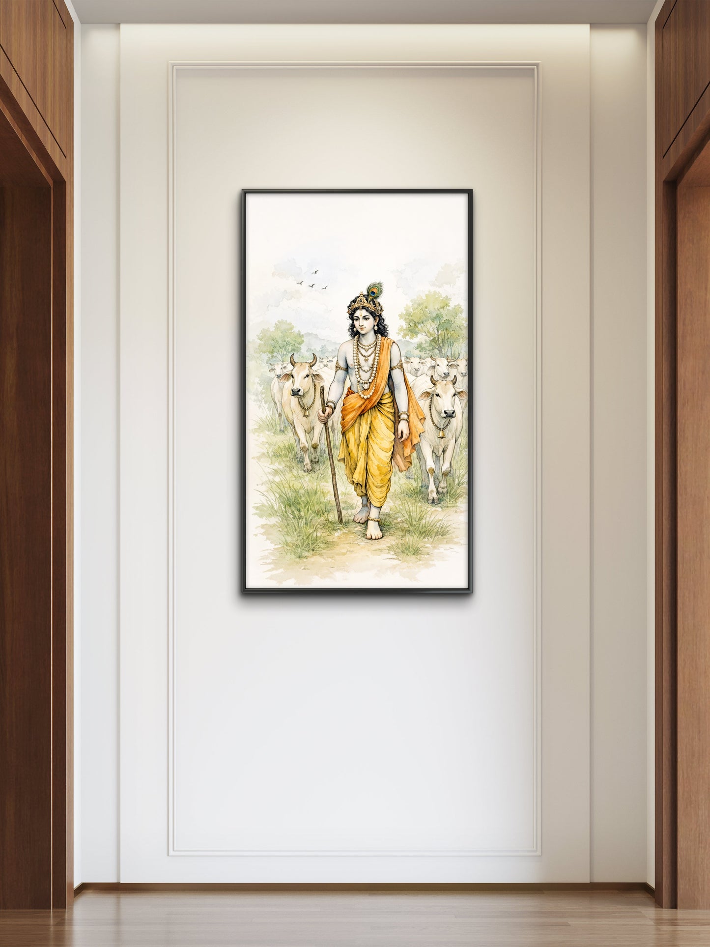The Hindu deity Lord Krishna herding a group of sacred cows-Luxurious-Spiritul & Mindful-3D Textured Wall Art | UV Embossed Canvas Wall Frame for Home decor
