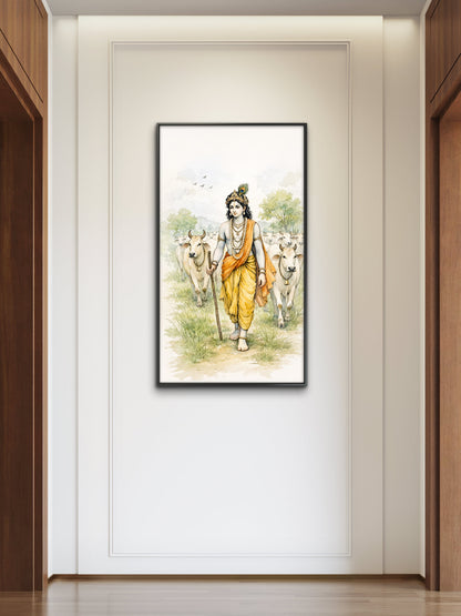 The Hindu deity Lord Krishna herding a group of sacred cows-Luxurious-Spiritul & Mindful-3D Textured Wall Art | UV Embossed Canvas Wall Frame for Home decor