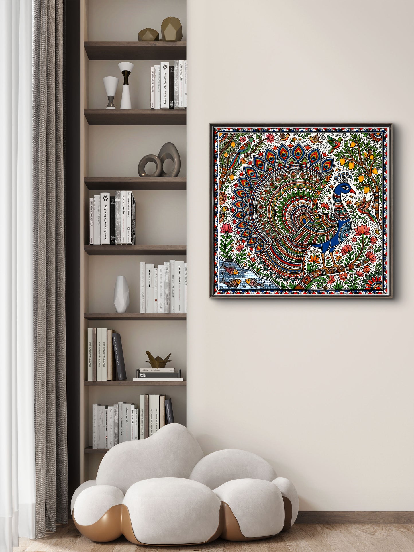 Majestic Peacock in Madhubani Folk Art)-Luxurious-Indian Culture & Folk Art 3D Textured Wall Art | UV Printed Embossed Canvas Wall Frame for Home Decor,living Room