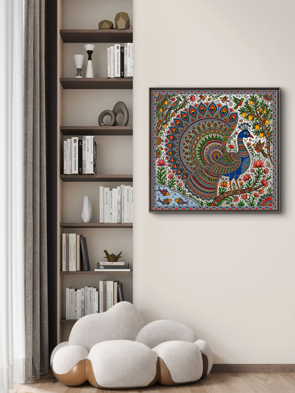 Majestic Peacock in Madhubani Folk Art)-Luxurious-Indian Culture & Folk Art 3D Textured Wall Art | UV Printed Embossed Canvas Wall Frame for Home Decor,living Room