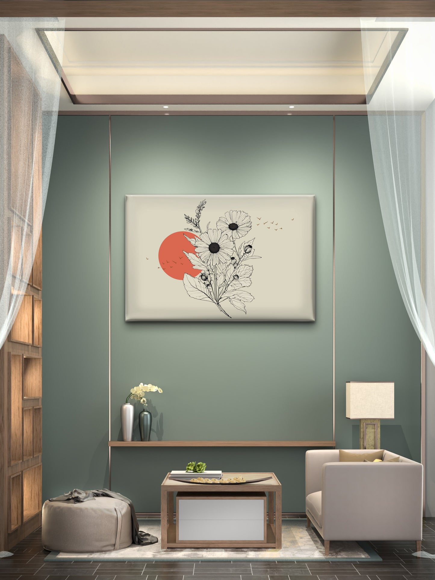 drawing-sunflower-with-birds-background-luxury-Floral & Botanical-3D Textured Wall Art | UV Embossed Canvas Wall Frame for Living room and bed room