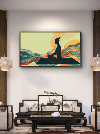 woman-meditating-front-colorful-background-Luxurious-Serenity & Wellness-3D Textured Wall Art | UV Embossed Canvas Wall Frame for Meditation Space