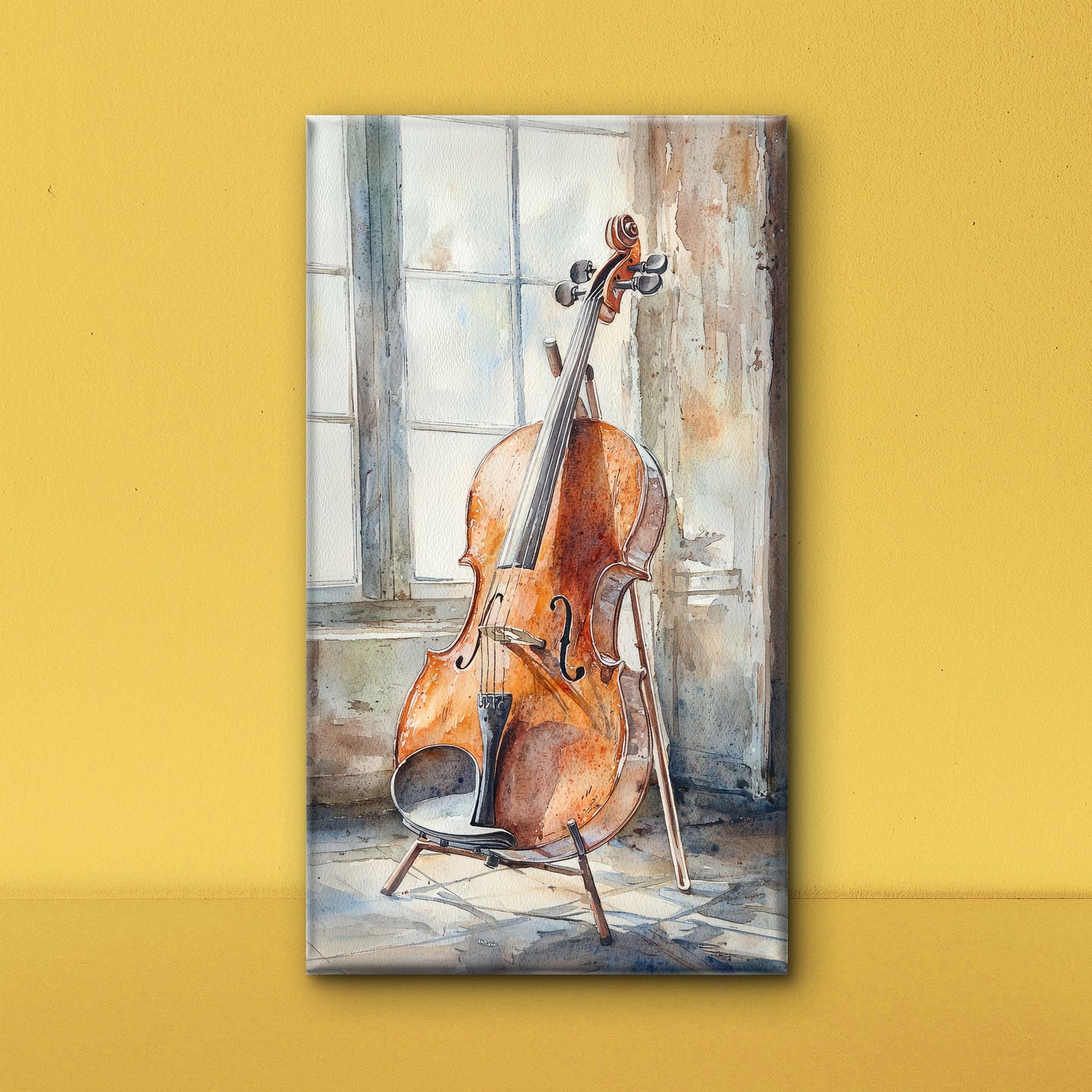 vintage guitar -wooden-cello-against-sunlit-window-rustic-setting-Luxurious-Lifestyle & Hobbies-3D Textured Wall Art | UV Embossed Canvas Wall Frame for Kids room and Sports area