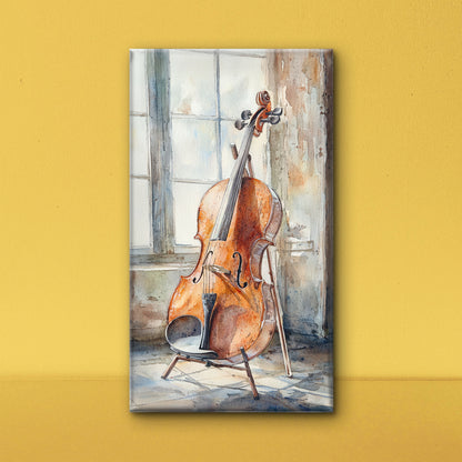 vintage guitar -wooden-cello-against-sunlit-window-rustic-setting-Luxurious-Lifestyle & Hobbies-3D Textured Wall Art | UV Embossed Canvas Wall Frame for Kids room and Sports area