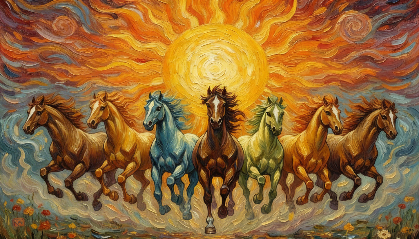7 Running Horses with Rising Sun-Luxurious-Wildlife & Animals-3D Textured Wall Art | UV Embossed Canvas Wall Frame for Home decorand living room