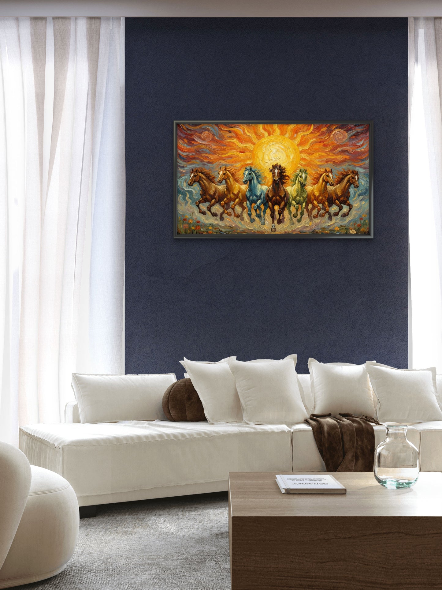 7 Running Horses with Rising Sun-Luxurious-Wildlife & Animals-3D Textured Wall Art | UV Embossed Canvas Wall Frame for Home decorand living room