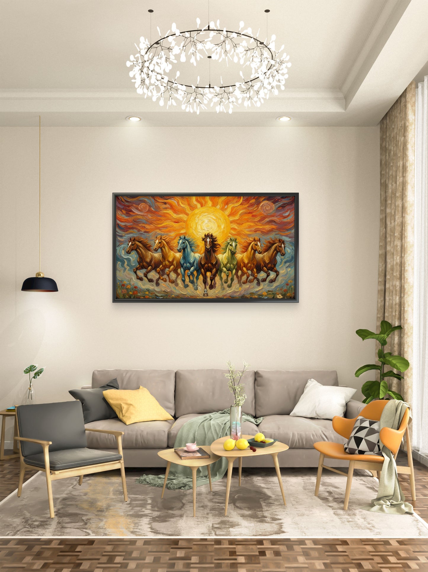 7 Running Horses with Rising Sun-Luxurious-Wildlife & Animals-3D Textured Wall Art | UV Embossed Canvas Wall Frame for Home decorand living room