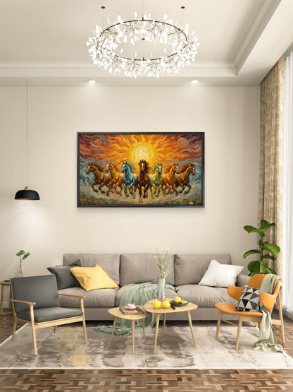 7 Running Horses with Rising Sun-Luxurious-Wildlife & Animals-3D Textured Wall Art | UV Embossed Canvas Wall Frame for Home decorand living room