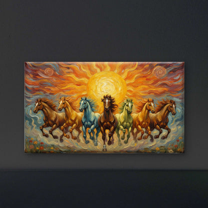 7 Running Horses with Rising Sun-Luxurious-Wildlife & Animals-3D Textured Wall Art | UV Embossed Canvas Wall Frame for Home decorand living room