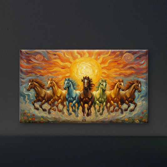 7 Running Horses with Rising Sun-Luxurious-Wildlife & Animals-3D Textured Wall Art | UV Embossed Canvas Wall Frame for Home decorand living room