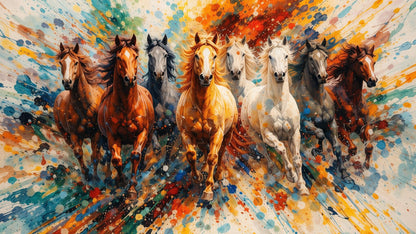 7 Running Horses Spectrum of Success Luxurious-Wild life & animal -3D Textured Wall Art | UV Embossed Canvas Wall Frame for Home decor