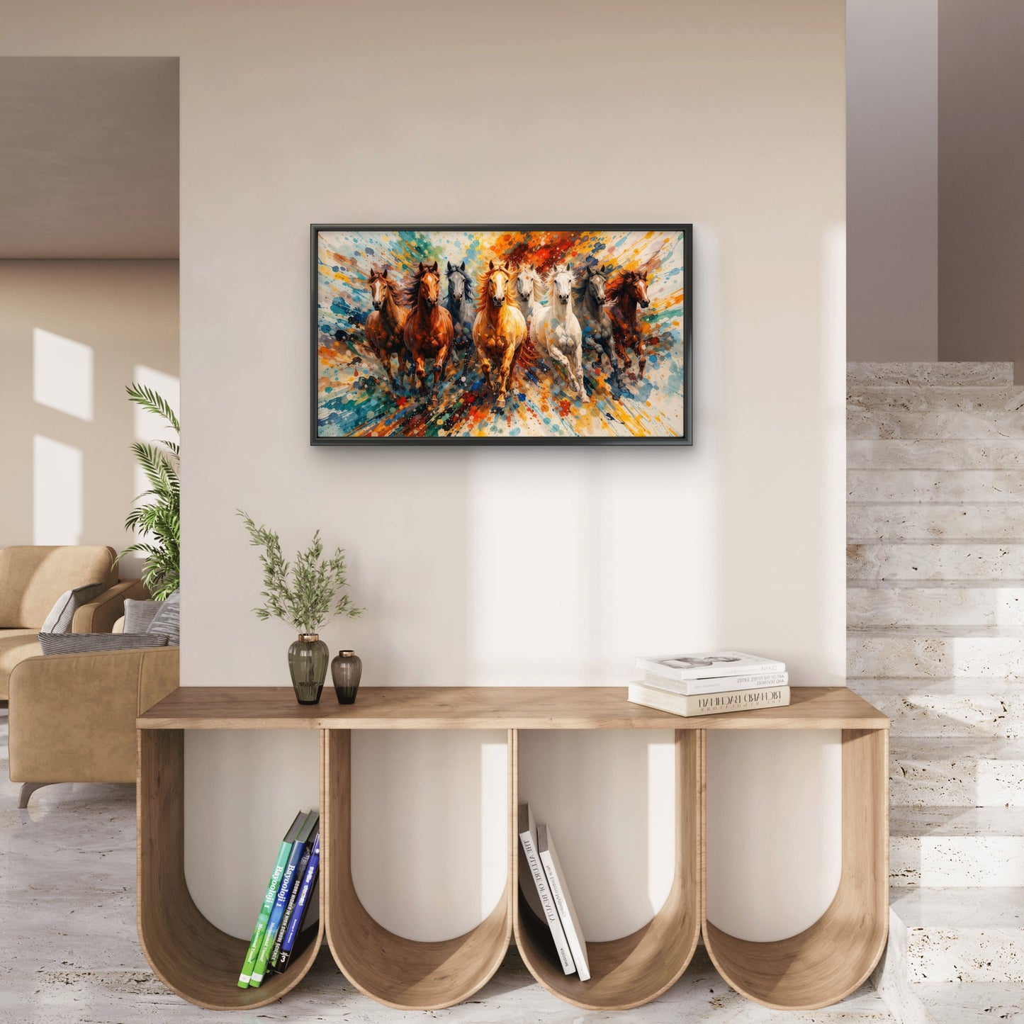 7 Running Horses Spectrum of Success Luxurious-Wild life & animal -3D Textured Wall Art | UV Embossed Canvas Wall Frame for Home decor