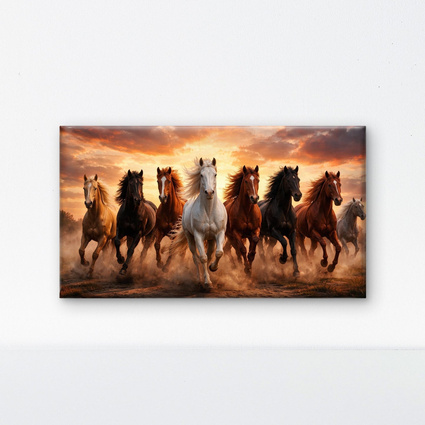 7 Running Horses Sunset Wall Art Luxurious-Wild life & animal -3D Textured Wall Art | UV Embossed Canvas Wall Frame for Home decor