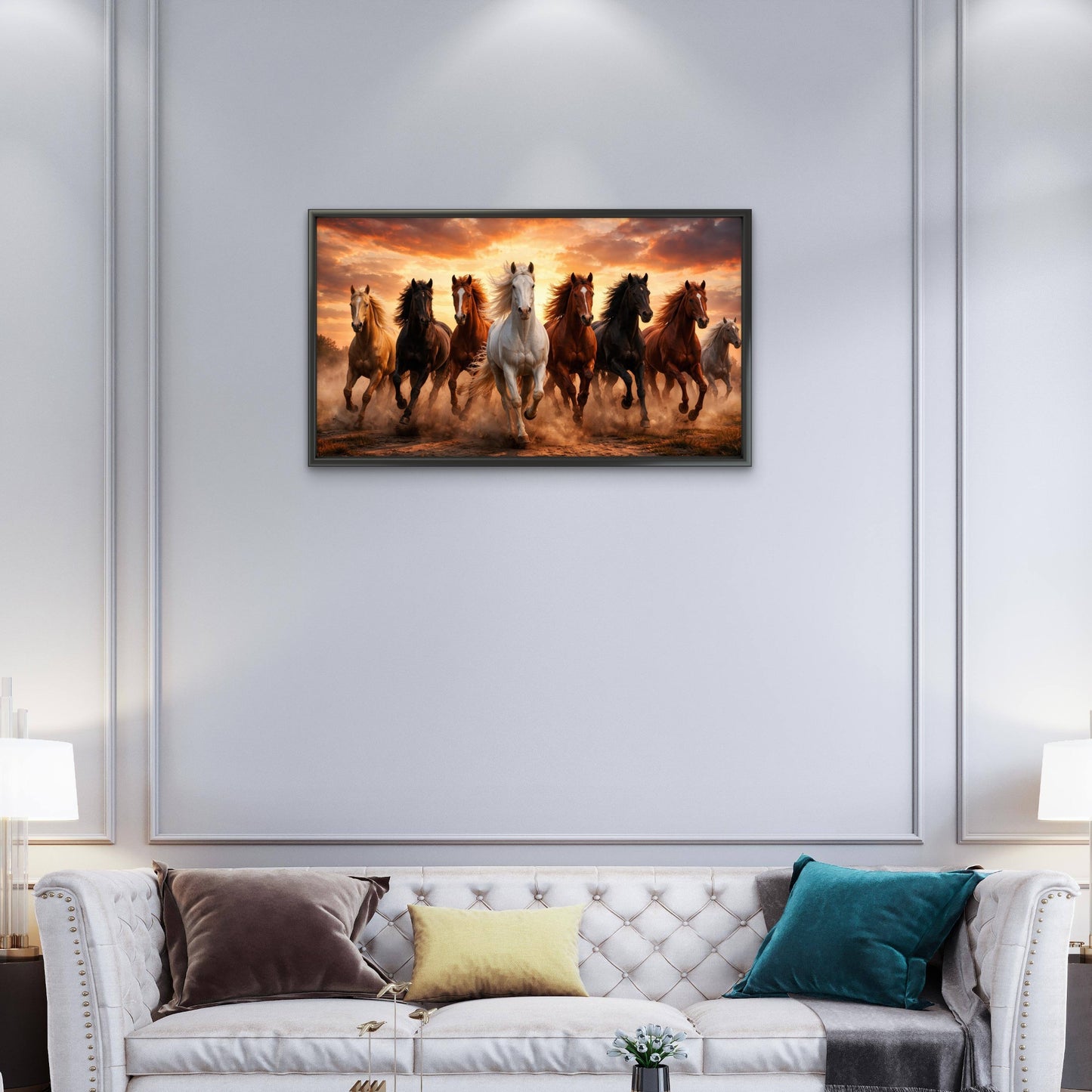 7 Running Horses Sunset Wall Art Luxurious-Wild life & animal -3D Textured Wall Art | UV Embossed Canvas Wall Frame for Home decor