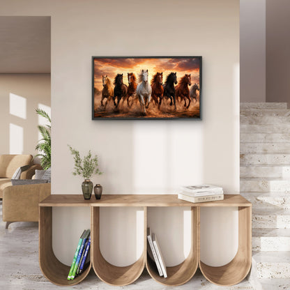 7 Running Horses Sunset Wall Art Luxurious-Wild life & animal -3D Textured Wall Art | UV Embossed Canvas Wall Frame for Home decor