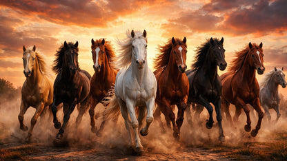 7 Running Horses Sunset Wall Art Luxurious-Wild life & animal -3D Textured Wall Art | UV Embossed Canvas Wall Frame for Home decor
