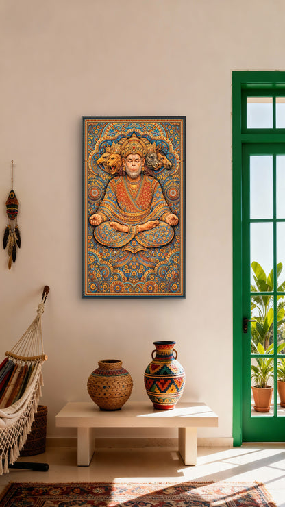 The five-faced form of Lord Hanuman-Luxurious-Spiritual & Mindful-3D Textured Wall Art | UV Embossed Canvas Wall Frame for Home decor