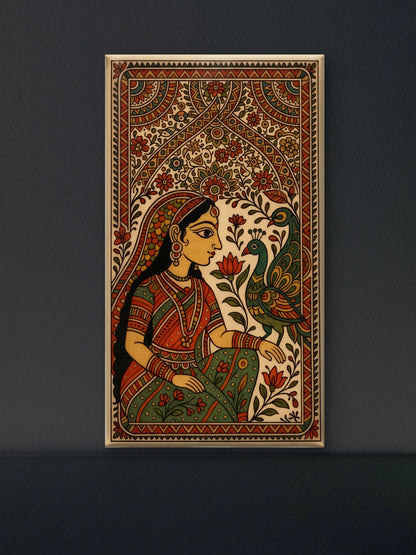 Girl with the Peacock -Luxurious-Indian Culture &  Folk Art 3D Textured Wall Art | UV Printed Embossed Canvas Wall Frame for Home Decor,living Room