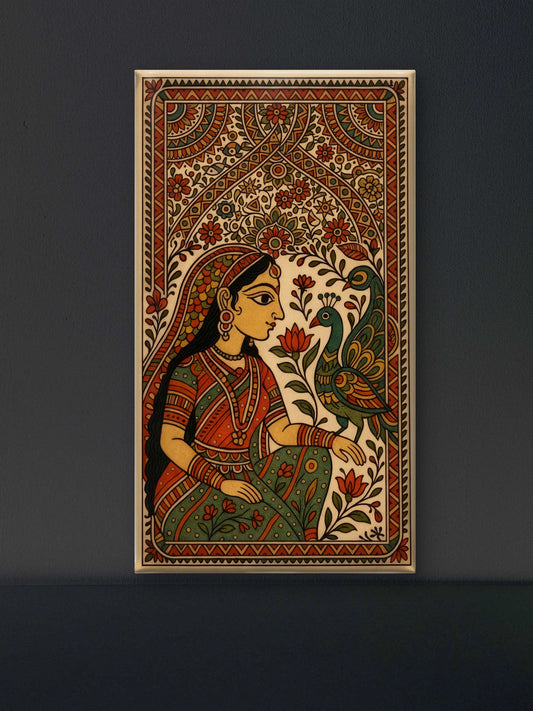 Girl with the Peacock -Luxurious-Indian Culture &  Folk Art 3D Textured Wall Art | UV Printed Embossed Canvas Wall Frame for Home Decor,living Room