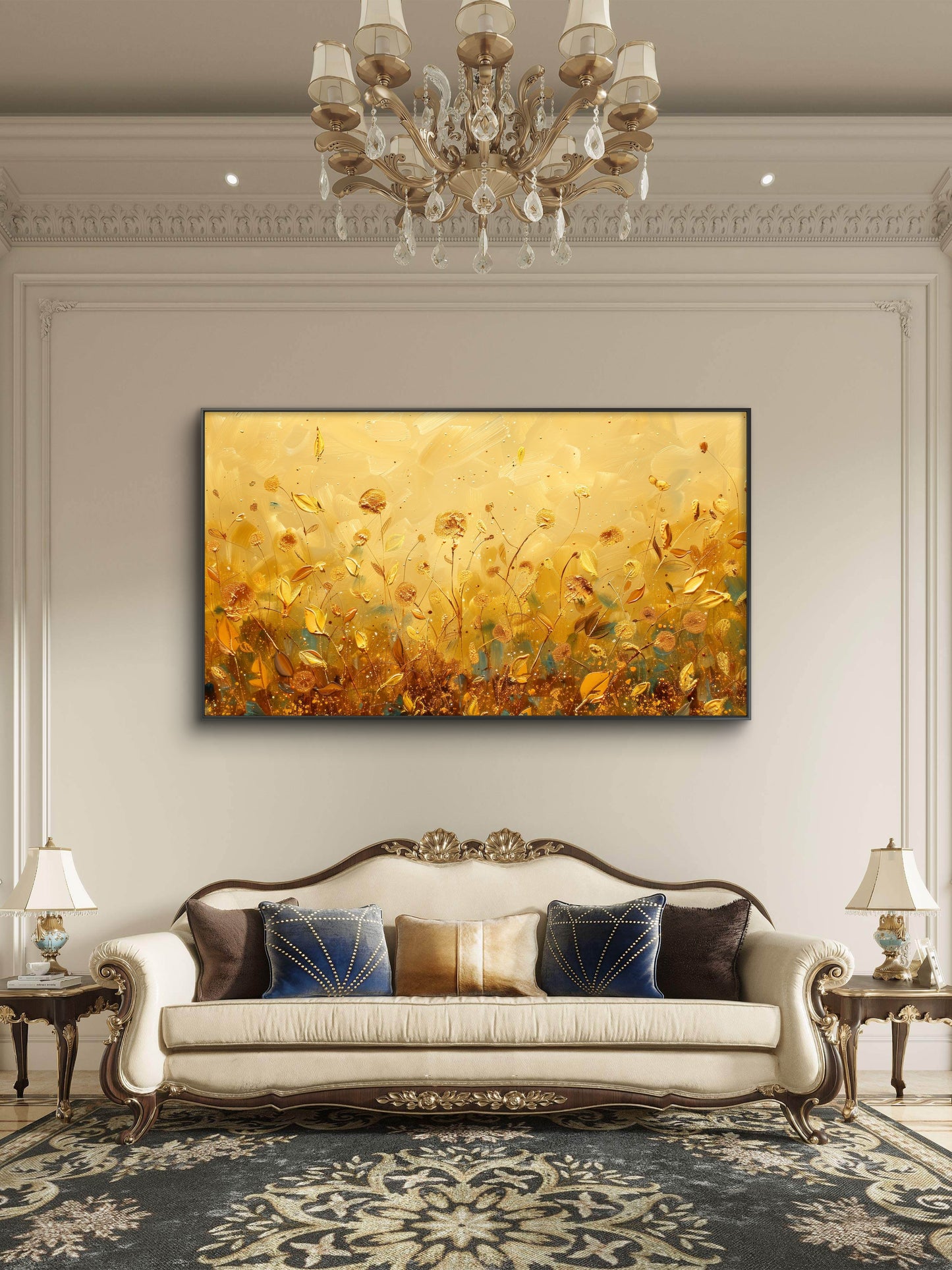 yellow-flowers-with-leaves-scattered-Luxury-Floral & Botanical-3D Textured Wall Art | UV Embossed Canvas Wall Frame for Living room and bed room