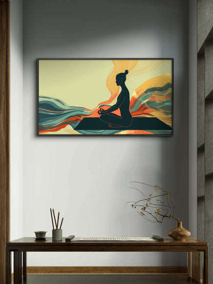 woman-meditating-front-colorful-background-Luxurious-Serenity & Wellness-3D Textured Wall Art | UV Embossed Canvas Wall Frame for Meditation Space