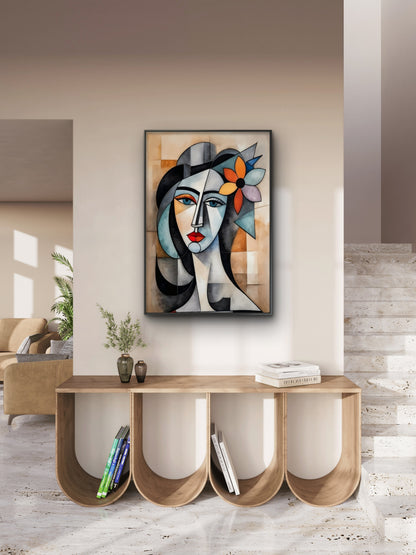 Pablo Picasso Style Woman Cubism Portrait-Luxurious-Modern Art & Abstract| 3D Textured Wall Art | UV Printed Embossed Canvas Wall Frame for Office,Meditation Space
